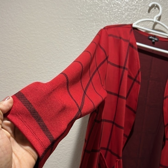 Olivia Blu Cardigan Sweater Womens 3X Red Window Pane Print Open Front Knit - Picture 3 of 8